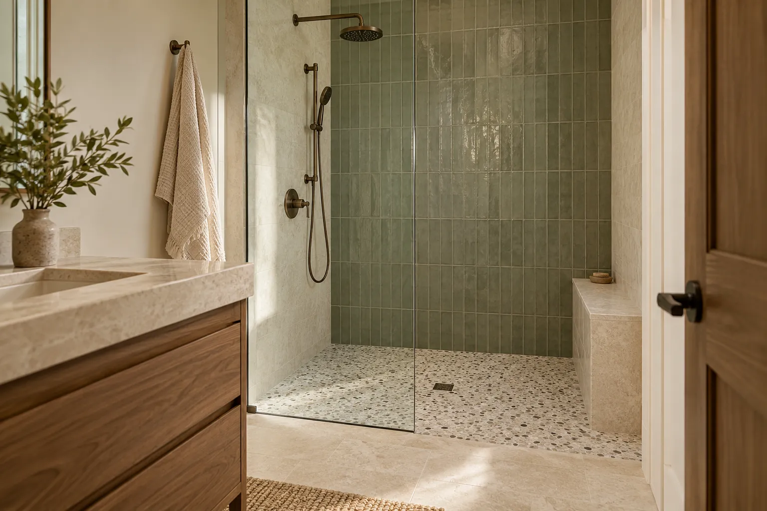 Curbless shower with sage green vertical tile, a pebble floor, a bench and bronze fixtures next to a walnut vanity