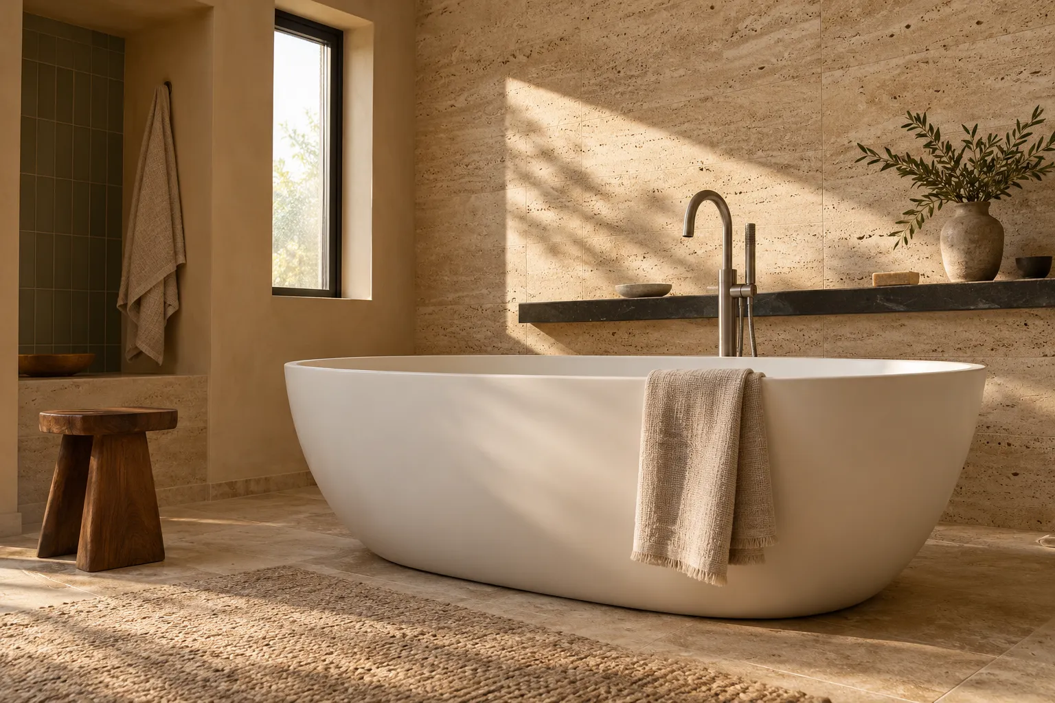 White freestanding soaking tub with a floor-mounted filler in a travertine bathroom with a wooden stool and a window