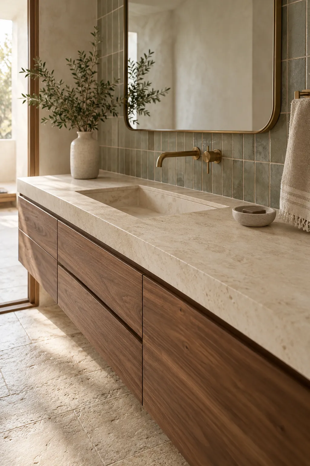 Long walnut vanity with a travertine top and integrated basin, a wall faucet and a rounded mirror against sage tile